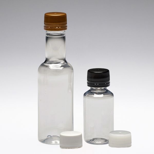 Botellas de aguardiente PET de 50 ml, redondas, cuello largo, PP18, cristalinas